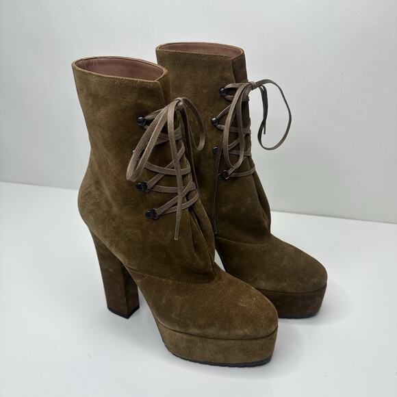 Alaia Trekk 39.5/ US 9.5 Booties Brown Suede Leather Lace Up Platform Heel Boots - Picture 6 of 15